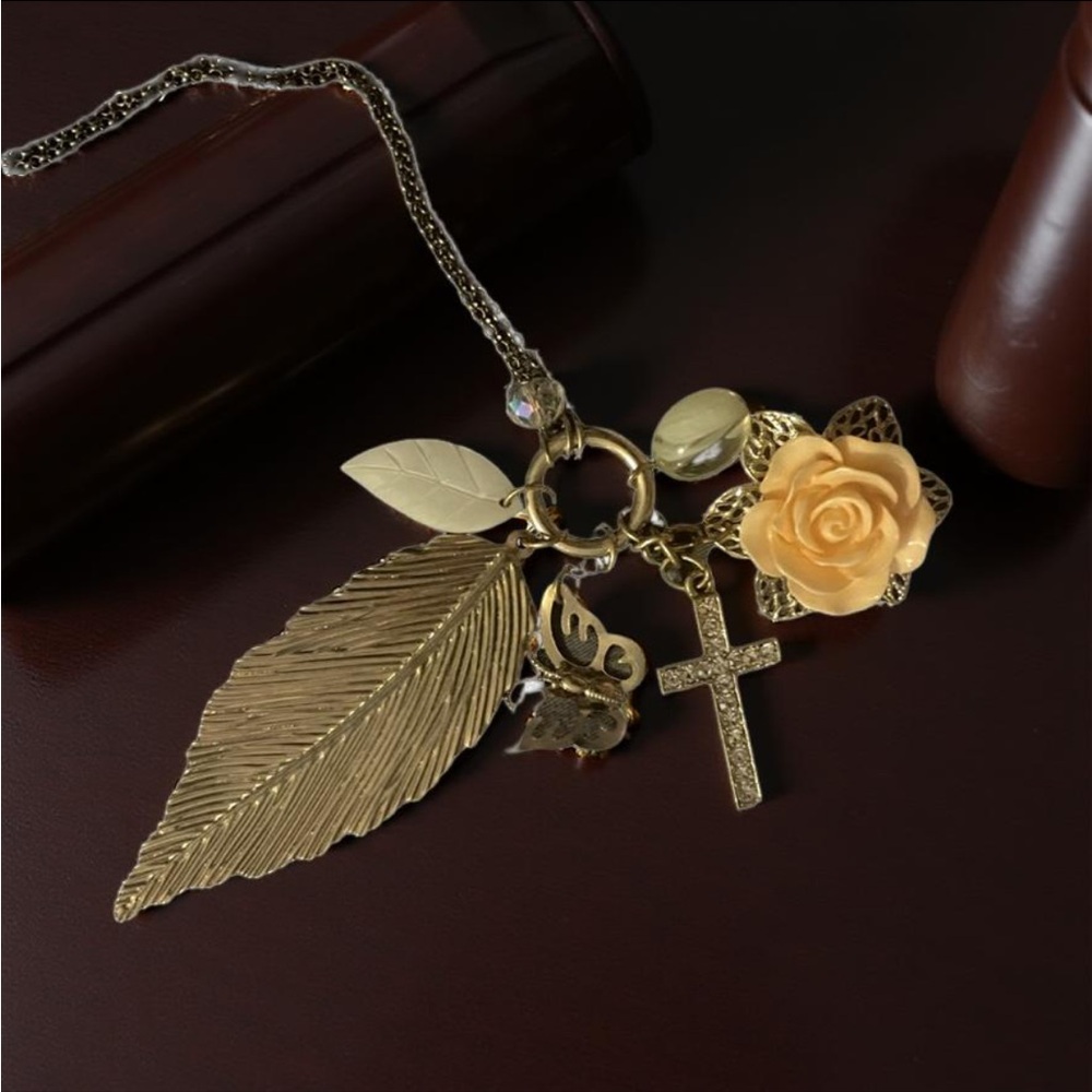 Golden Boho Filigree Leaf Rose Cross Feather Butterfly & Crystal Charm Necklace
